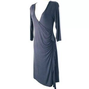 Wyeth Faux Wrap Dress Dark Gray Size S Side Drape Ruffle Stretchy Deep V-Neck